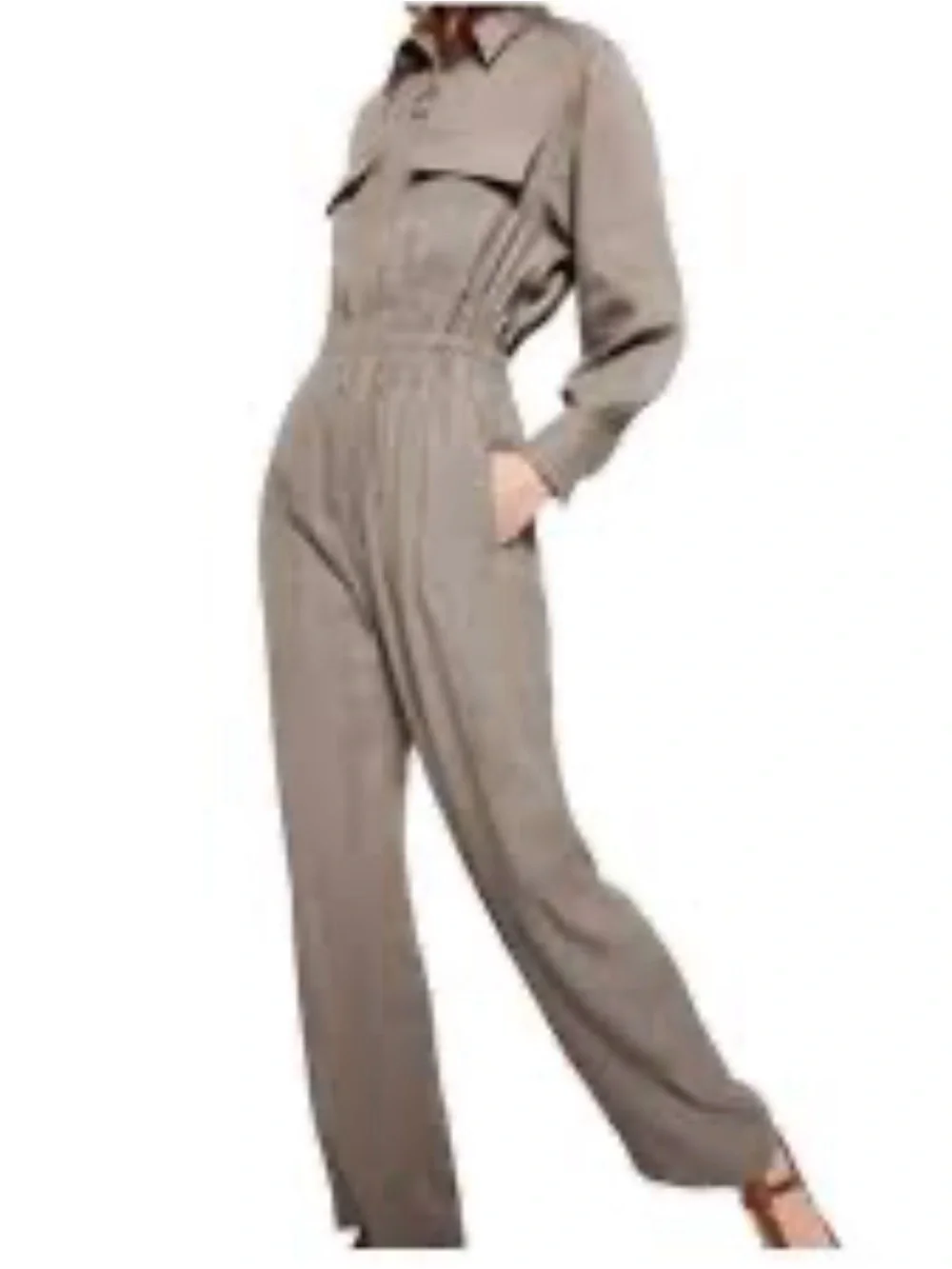 Zara utility coverall jumpsuit M taupe zipper elastic waist safari linen blend